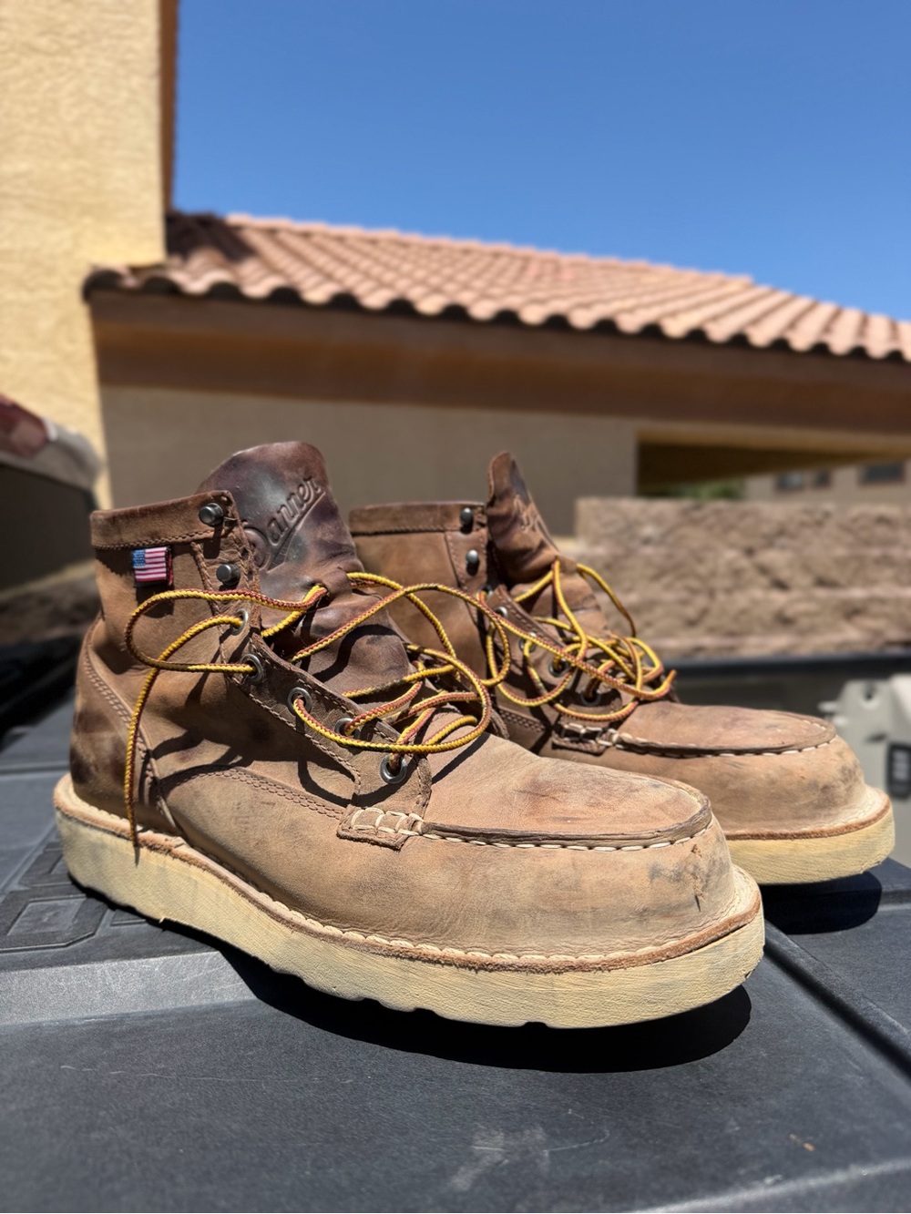 Danner Brown Leather Moc Toe Work Boots with Yellow Laces